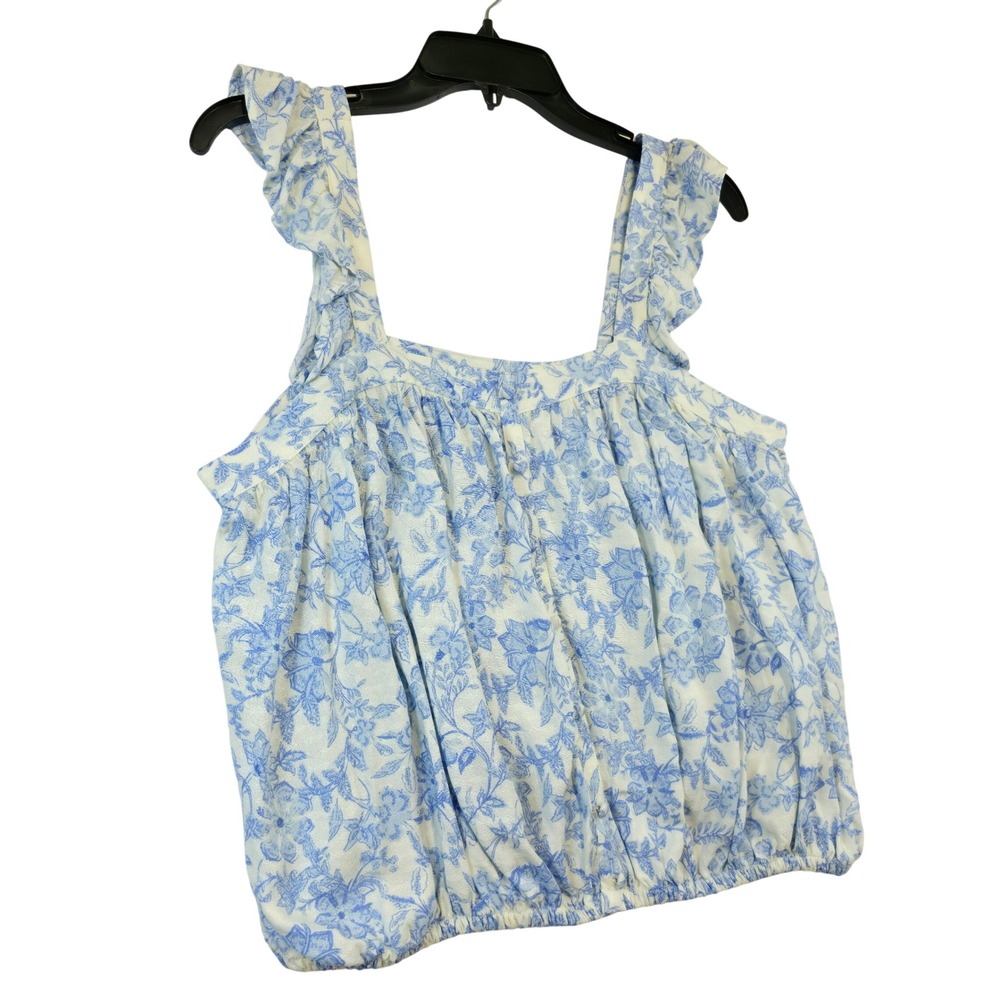Melrose and Market Womens White Blue Floral Ruffle Strap Square Neck Crop M NWT - Picture 3 of 8